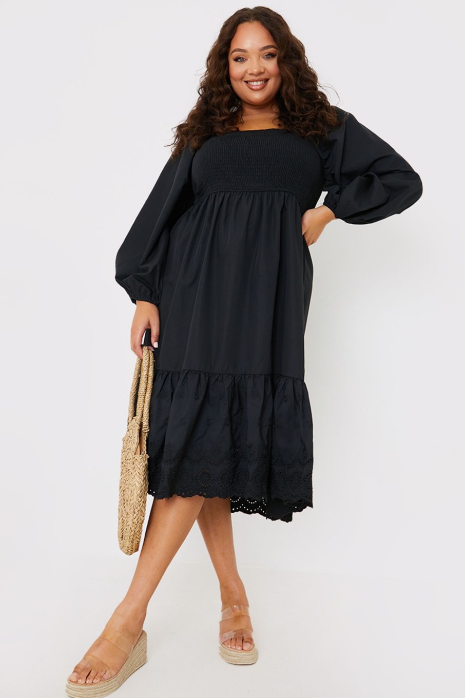 Bottoms Laura Adlington | Shirred Puff Sleeve Frill Hem Midi Dress Black