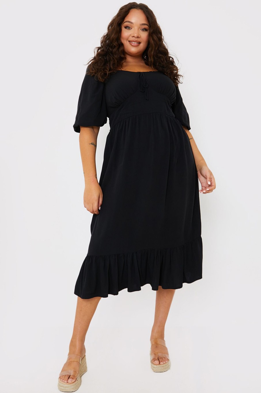 Bottoms Laura Adlington | Tie Front Sweerheart Puff Sleeve Midi Dress Black