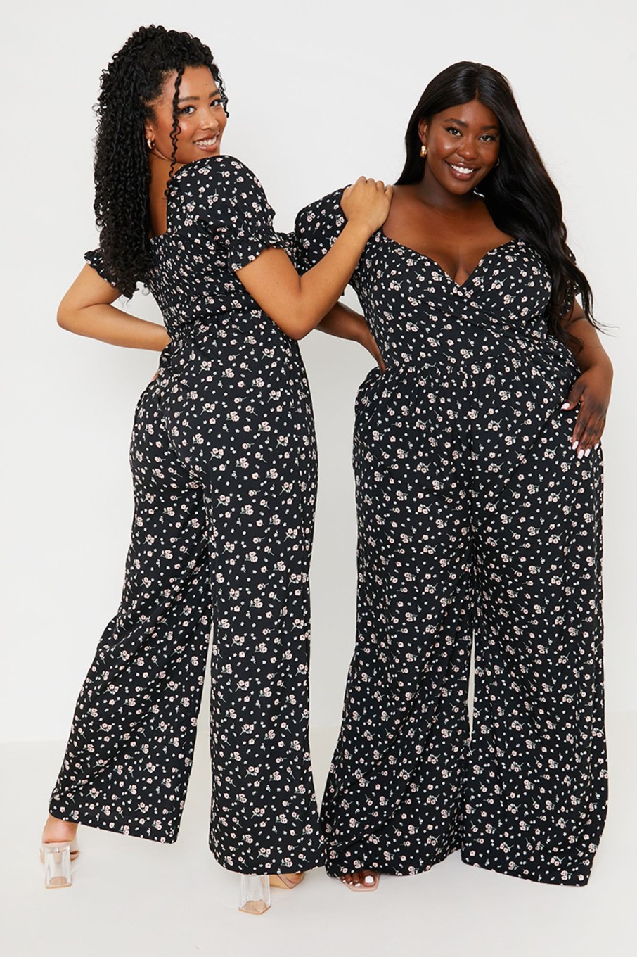 Clothing Ash | Floral Sweetheart Neck Wide Leg Jumpsuit Black