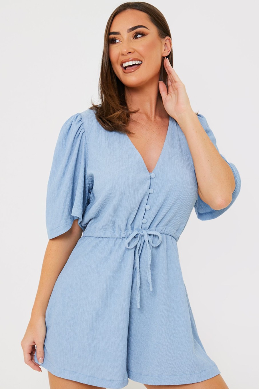 Clothing Carys Whittaker | Flutter Sleeve Button Detail Playsuit Blue