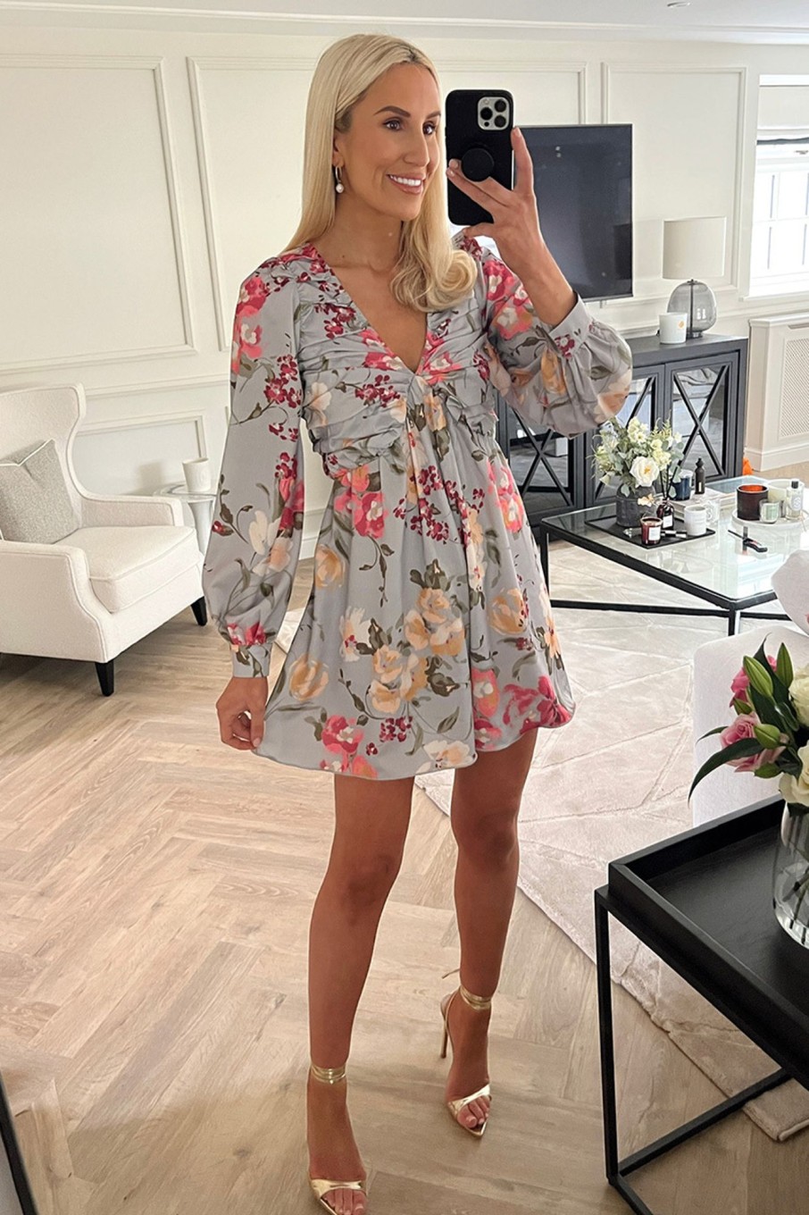 Clothing Georgia Louise | Floral Balloon Sleeve Ruched Bodice Playsuit Grey