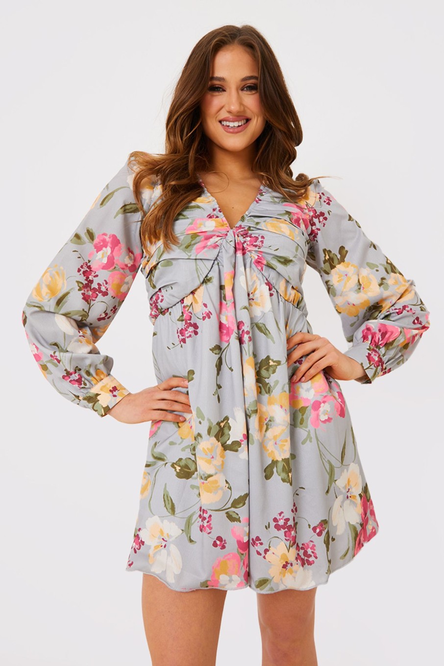 Clothing Georgia Louise | Floral Balloon Sleeve Ruched Bodice Playsuit Grey